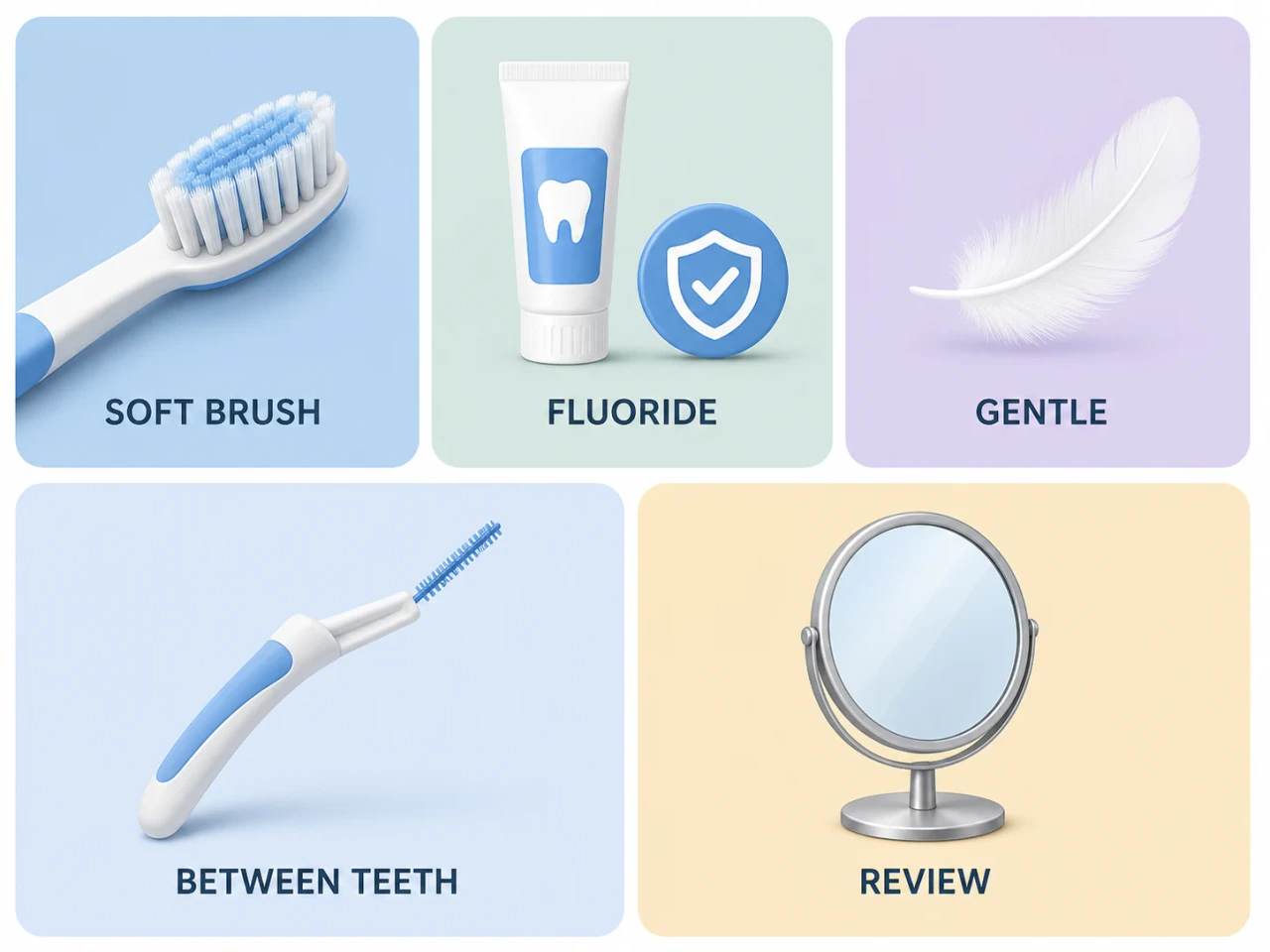 A soft toothbrush, blank fluoride toothpaste tube, and interdental brush for gentle daily oral care