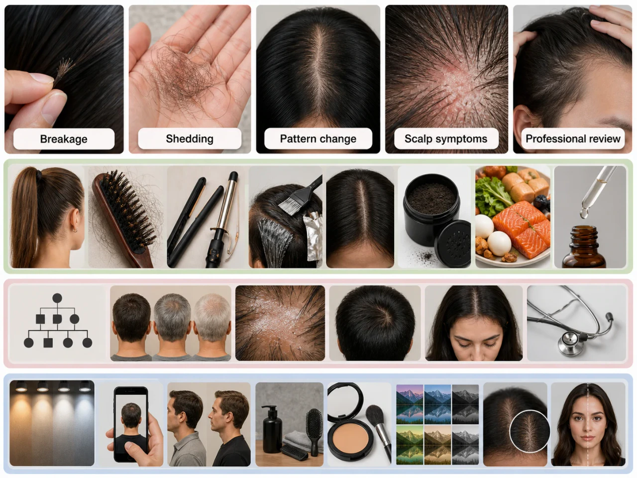 A staged guide to styling, care, and medical options for thinning hair