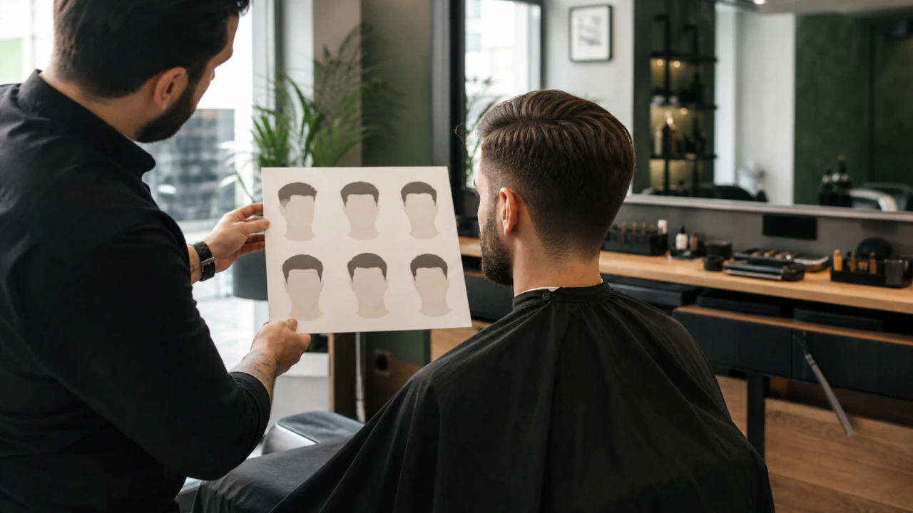 Barber consultation with haircut reference cards in a modern barbershop