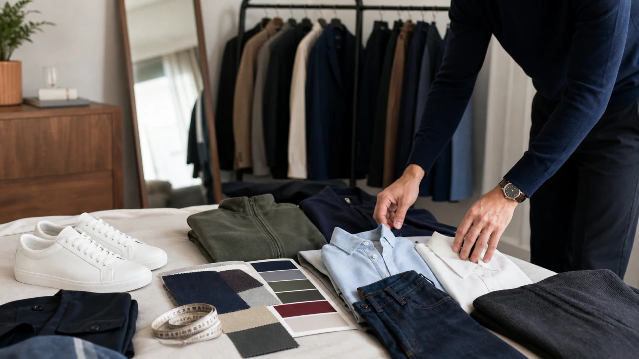 Wardrobe fit planning scene with neutral clothes, sneakers, fabric swatches, and measuring tape