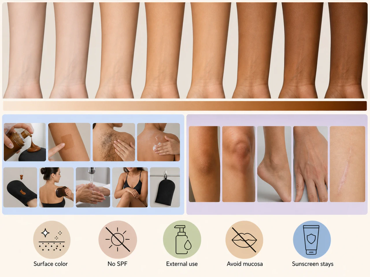 A sunless tanning routine with patch testing and sun-protection reminders